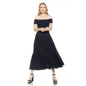 Alexia Admor Belle Maxi Dress Navy Blue Off Shoulder Smocked Tiered Medium Party